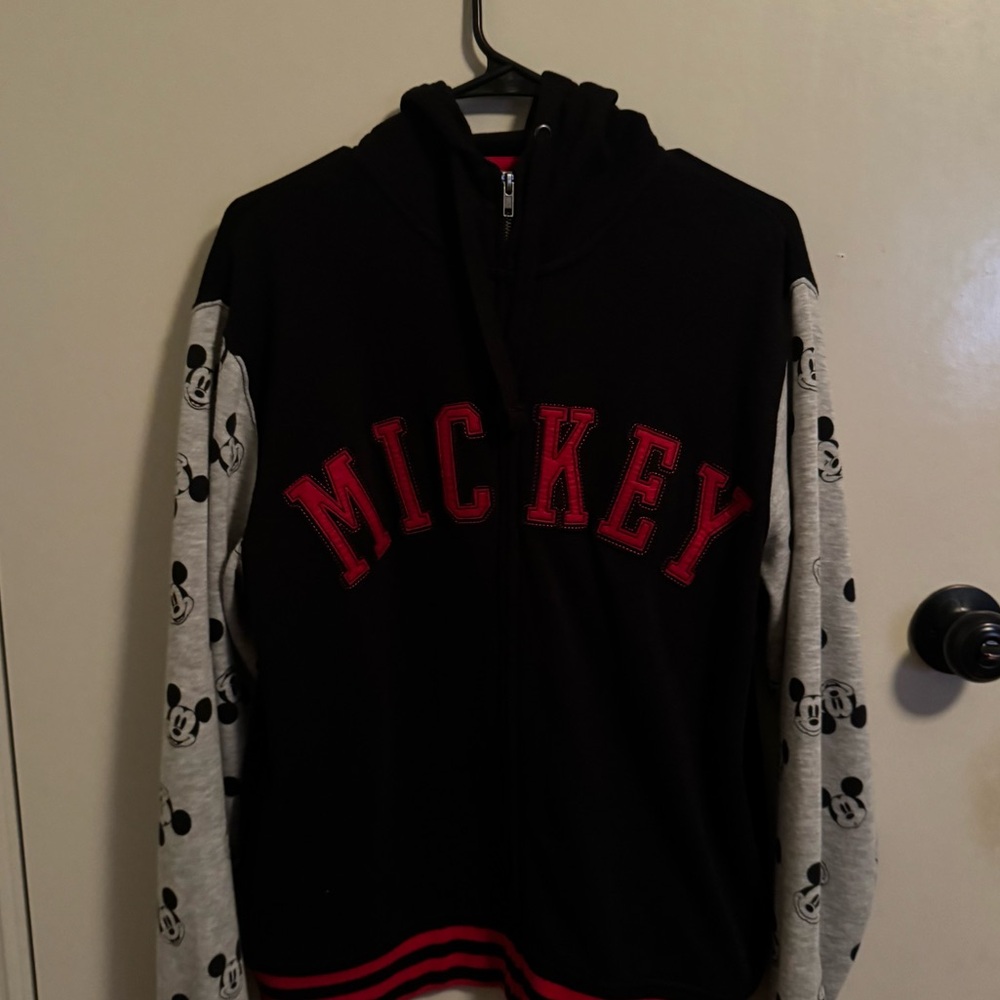 Men Disney Black Hoodie with Red MICKEY Letters and Grey Mickey Print Sleeves
